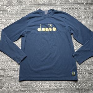DIADORA Mens Long Sleeve T Shirt Medium Blue Gold Cotton Sportswear Outdoors